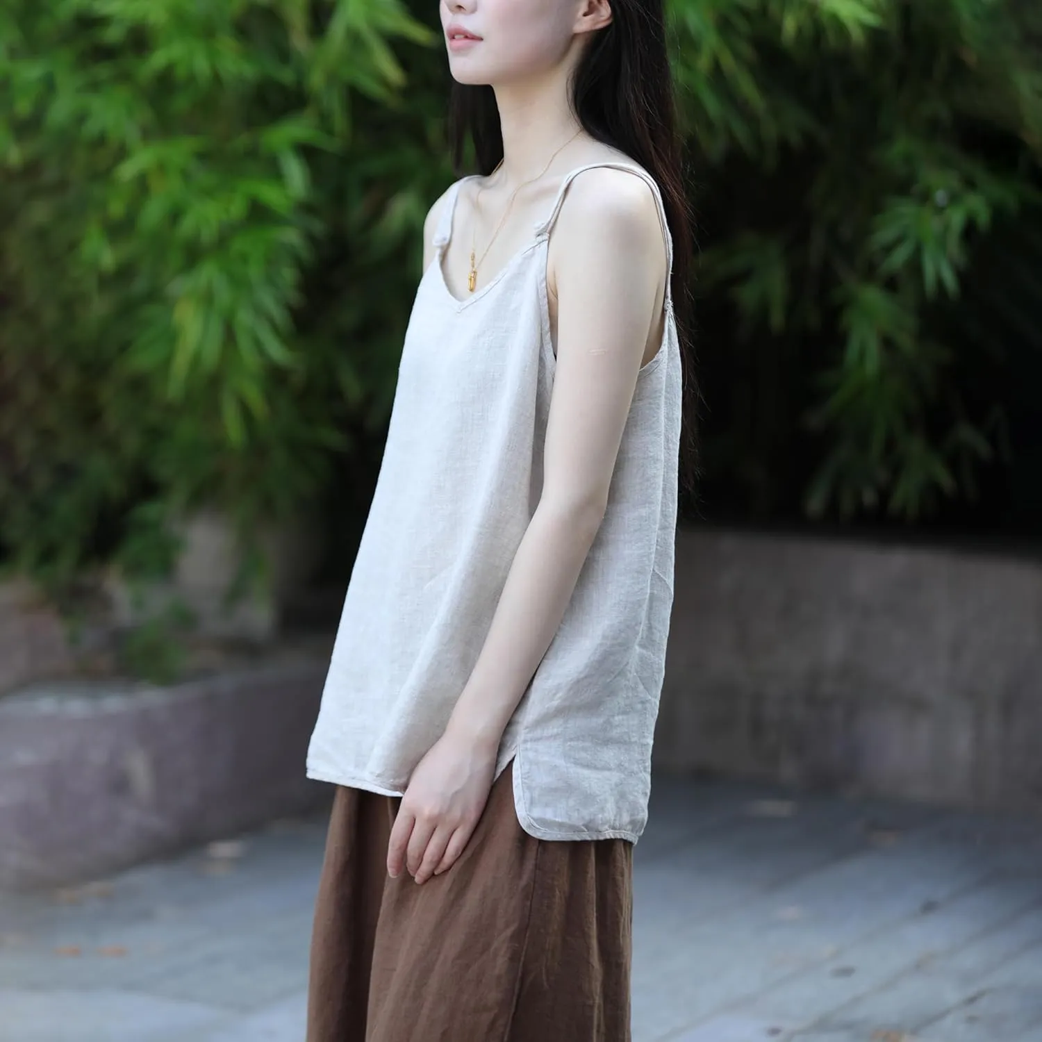 100% Linen Tank Top for Women - Adjustable Strap Camisole V-Neck Sleeveless Cami Shirt Loose Fit Summer Top