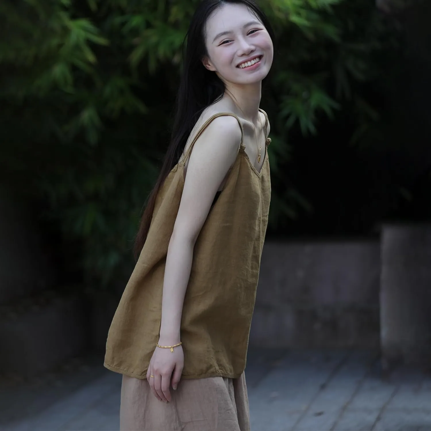 100% Linen Tank Top for Women - Adjustable Strap Camisole V-Neck Sleeveless Cami Shirt Loose Fit Summer Top