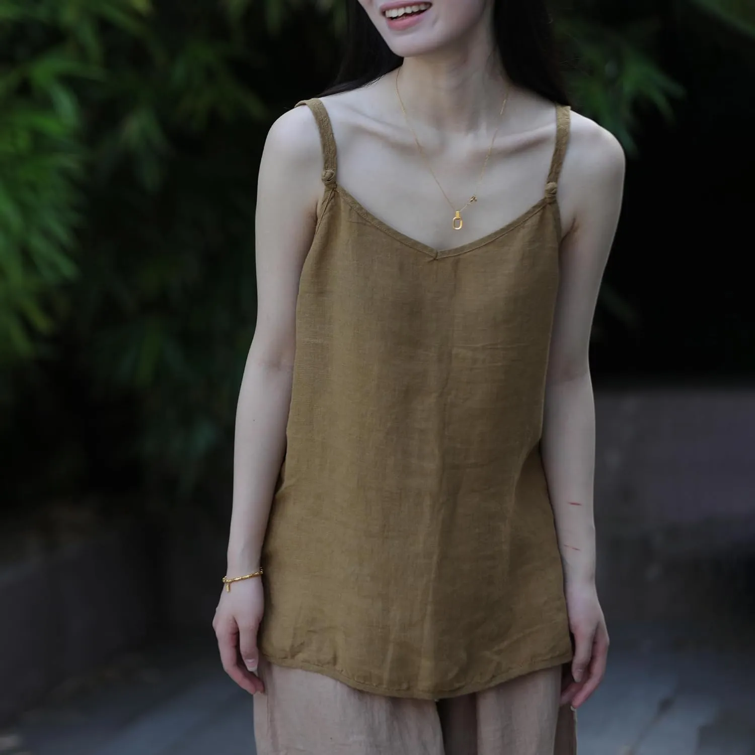 100% Linen Tank Top for Women - Adjustable Strap Camisole V-Neck Sleeveless Cami Shirt Loose Fit Summer Top