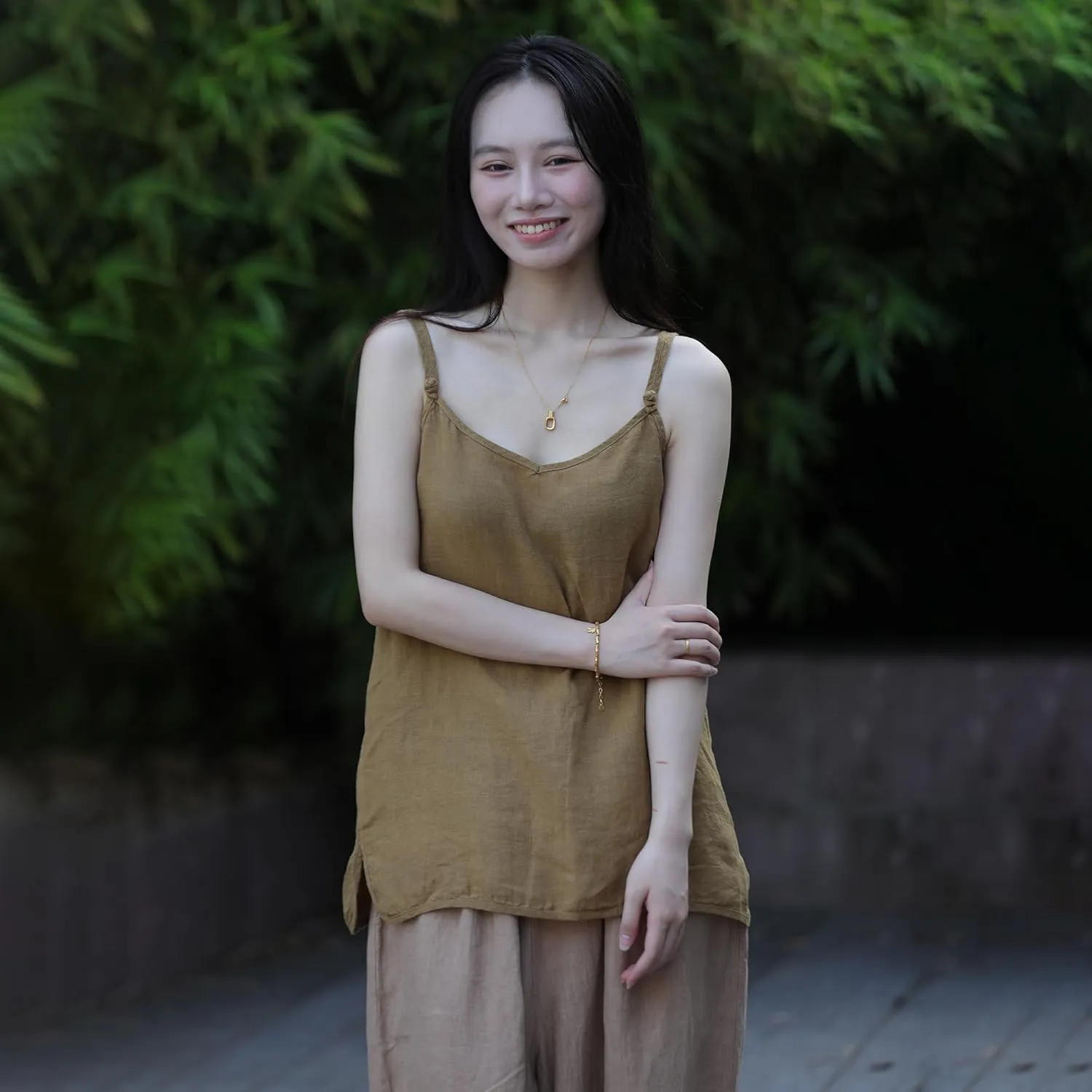 100% Linen Tank Top for Women - Adjustable Strap Camisole V-Neck Sleeveless Cami Shirt Loose Fit Summer Top
