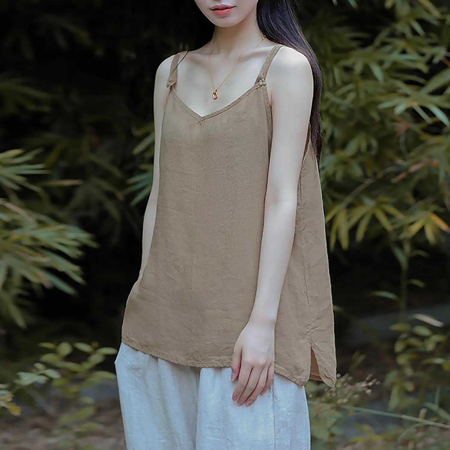100% Linen Tank Top for Women - Adjustable Strap Camisole V-Neck Sleeveless Cami Shirt Loose Fit Summer Top