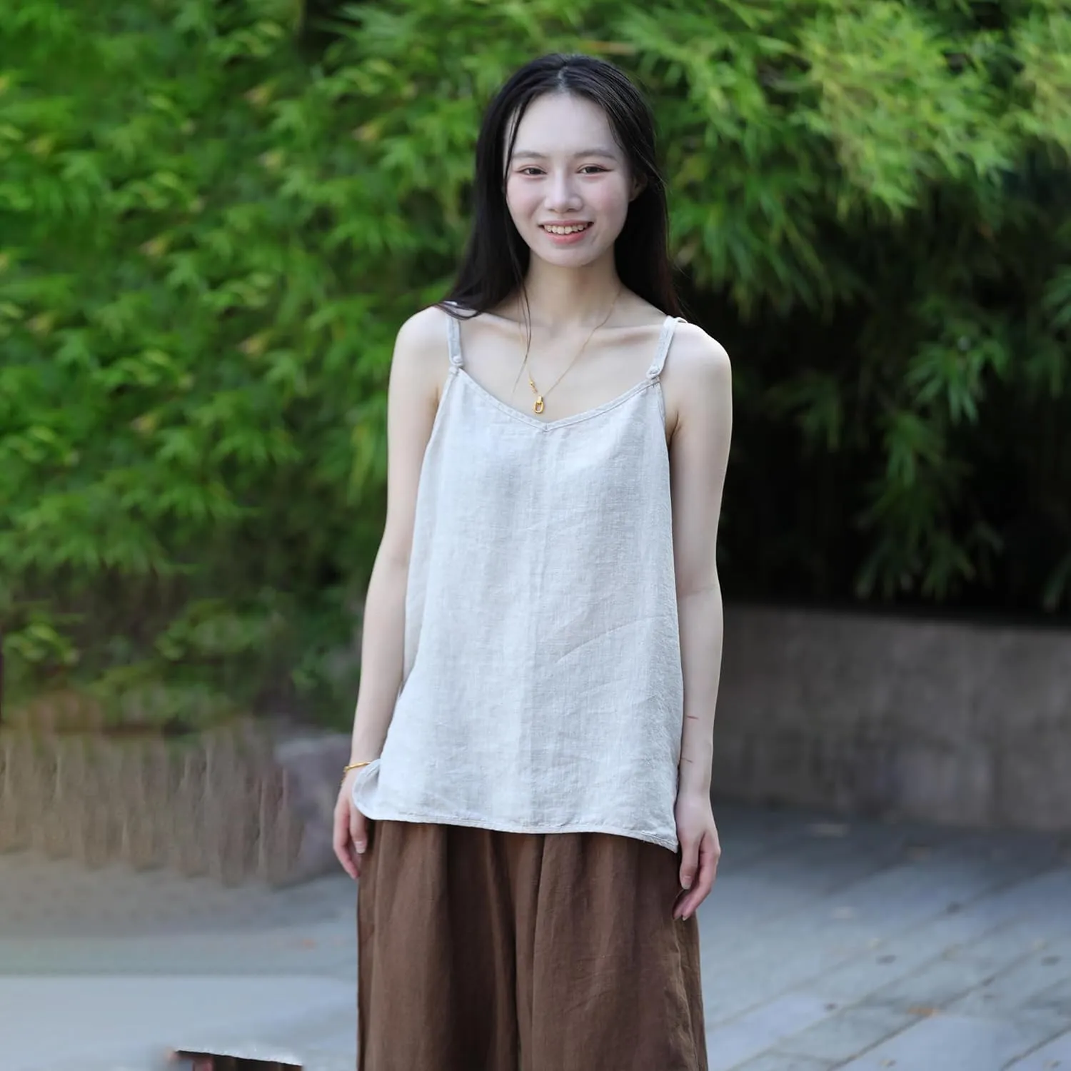 100% Linen Tank Top for Women - Adjustable Strap Camisole V-Neck Sleeveless Cami Shirt Loose Fit Summer Top