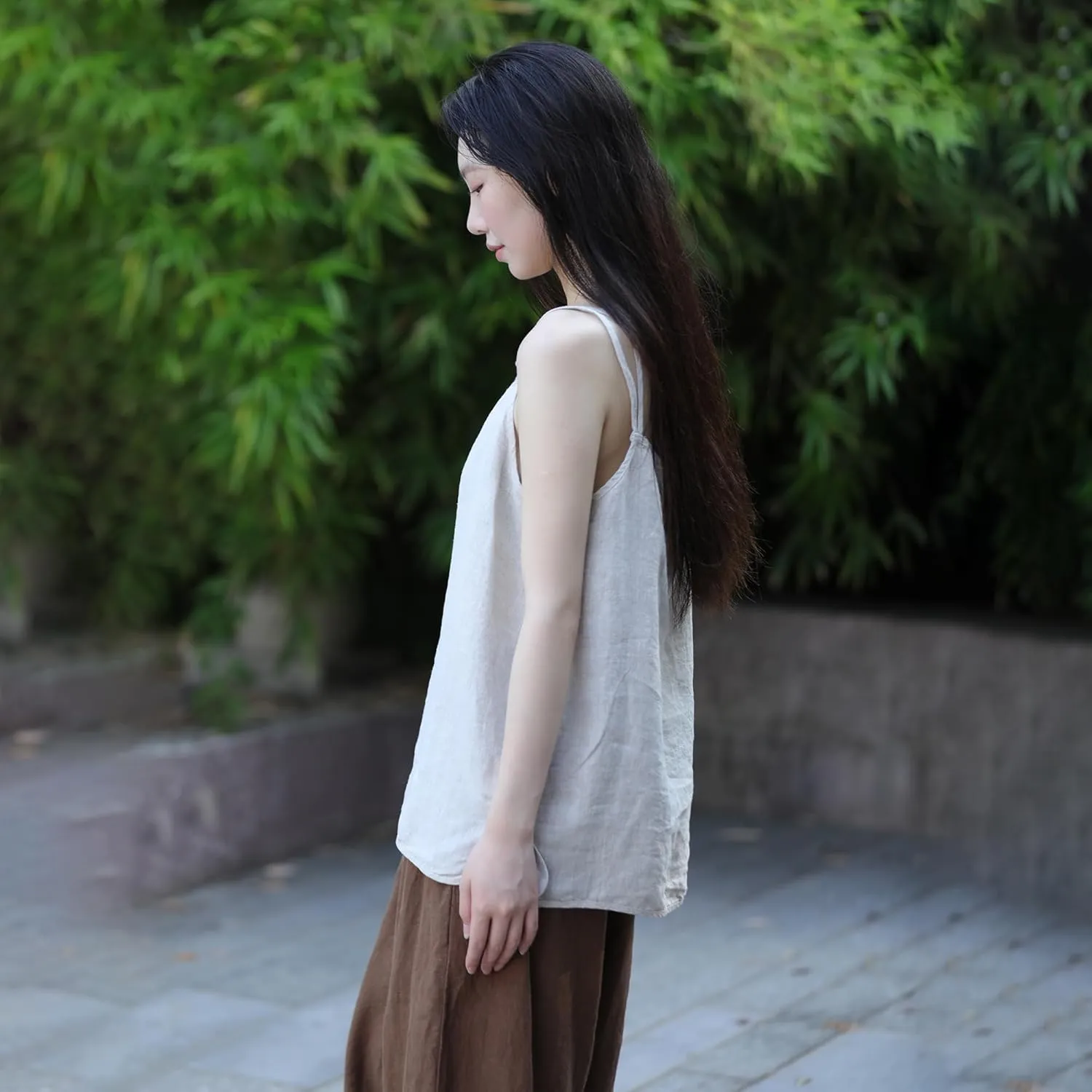 100% Linen Tank Top for Women - Adjustable Strap Camisole V-Neck Sleeveless Cami Shirt Loose Fit Summer Top