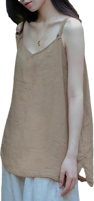 100% Linen Tank Top for Women - Adjustable Strap Camisole V-Neck Sleeveless Cami Shirt Loose Fit Summer Top