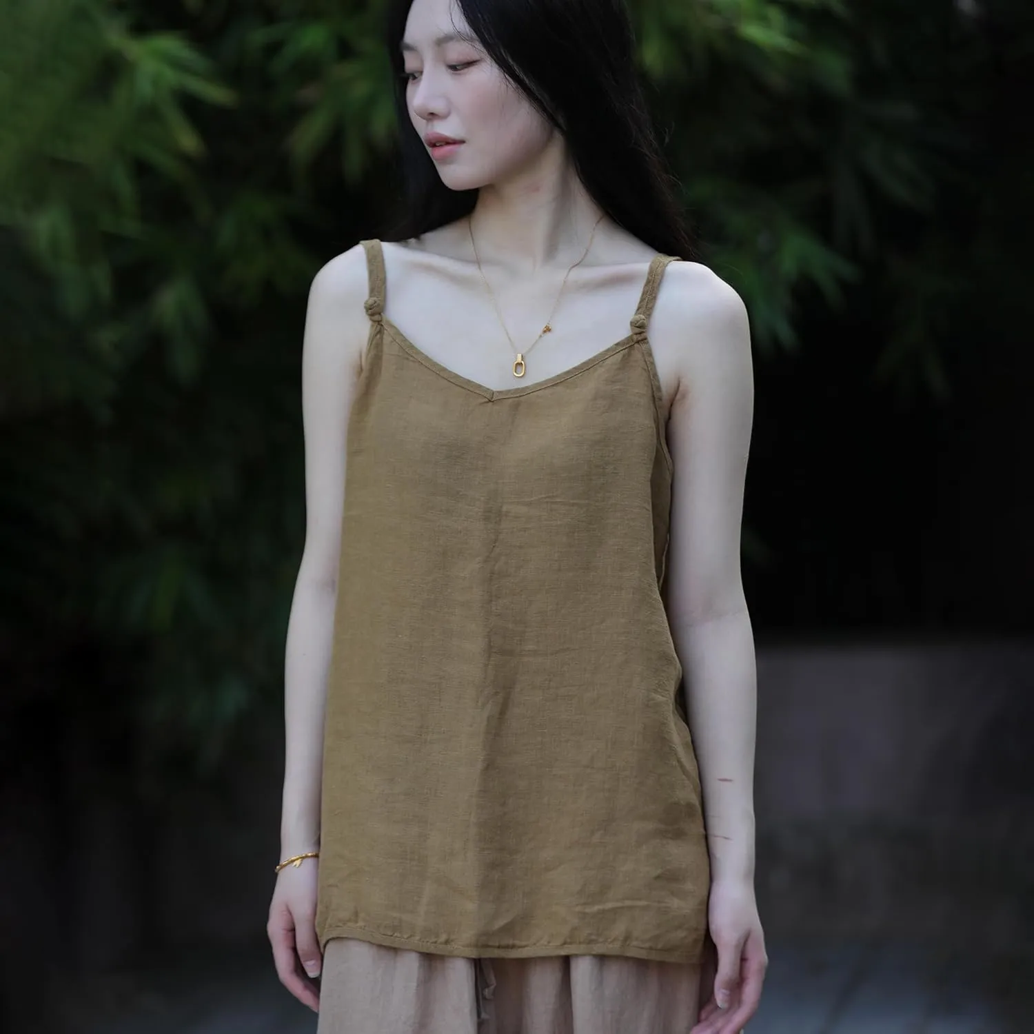 100% Linen Tank Top for Women - Adjustable Strap Camisole V-Neck Sleeveless Cami Shirt Loose Fit Summer Top