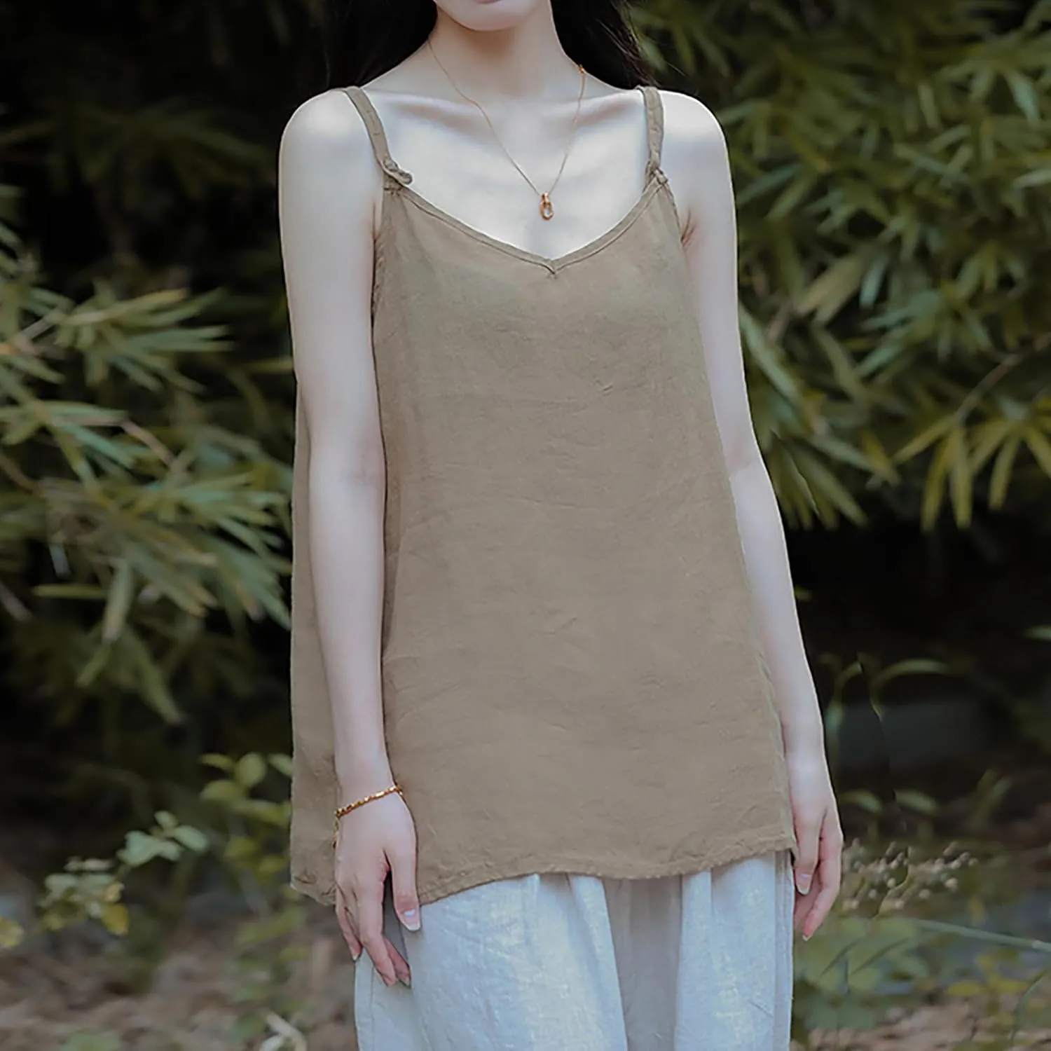 100% Linen Tank Top for Women - Adjustable Strap Camisole V-Neck Sleeveless Cami Shirt Loose Fit Summer Top