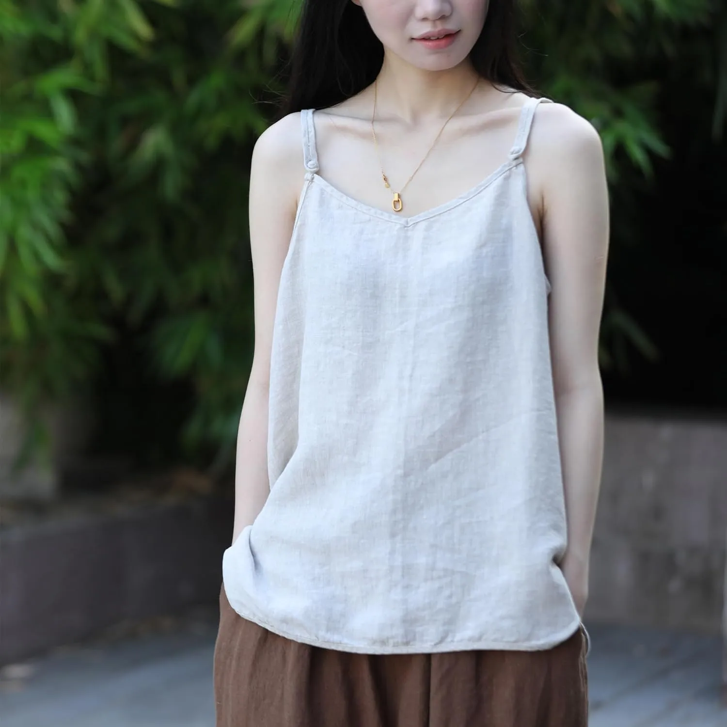 100% Linen Tank Top for Women - Adjustable Strap Camisole V-Neck Sleeveless Cami Shirt Loose Fit Summer Top
