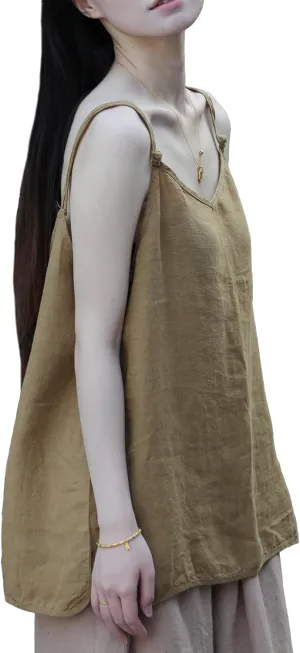 100% Linen Tank Top for Women - Adjustable Strap Camisole V-Neck Sleeveless Cami Shirt Loose Fit Summer Top