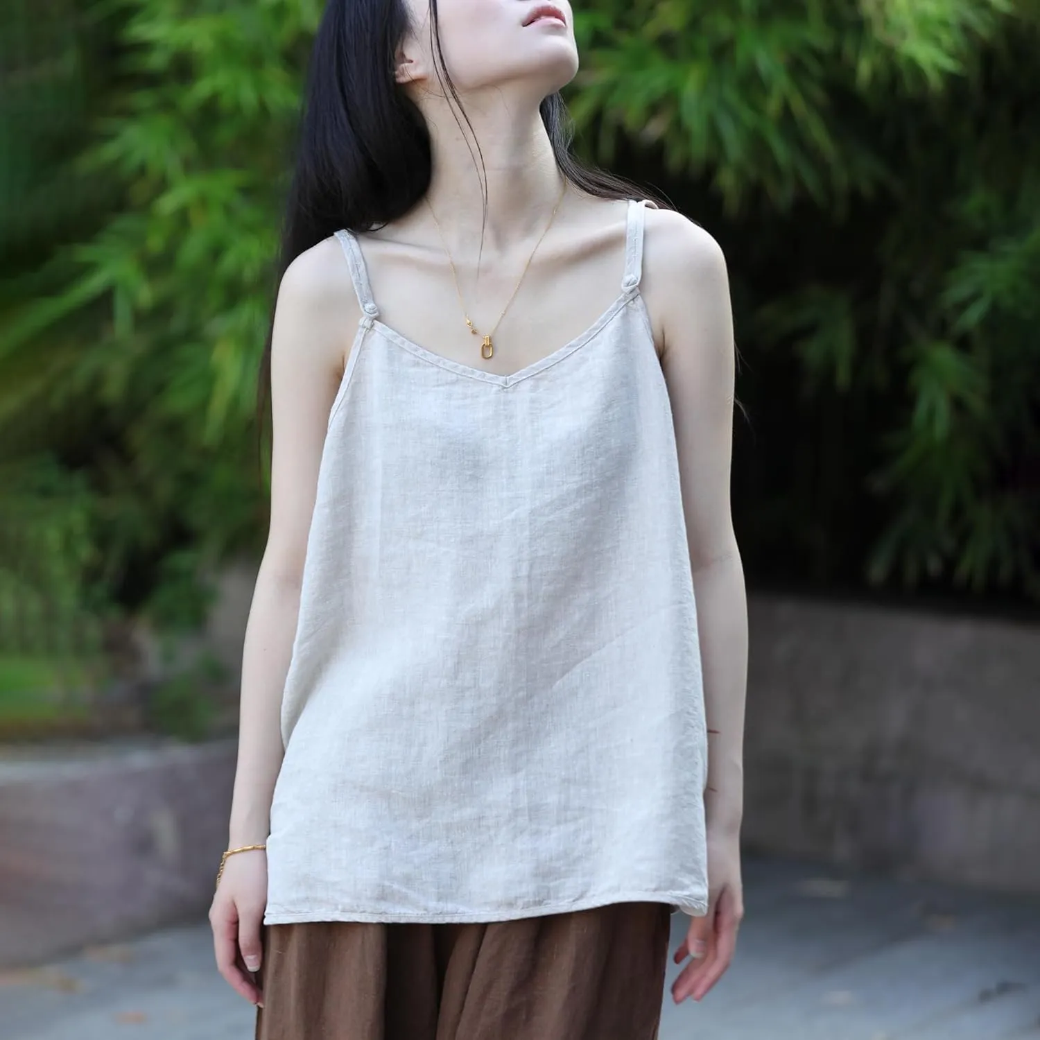 100% Linen Tank Top for Women - Adjustable Strap Camisole V-Neck Sleeveless Cami Shirt Loose Fit Summer Top