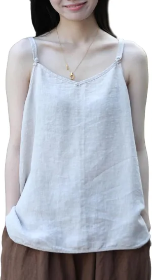 100% Linen Tank Top for Women - Adjustable Strap Camisole V-Neck Sleeveless Cami Shirt Loose Fit Summer Top
