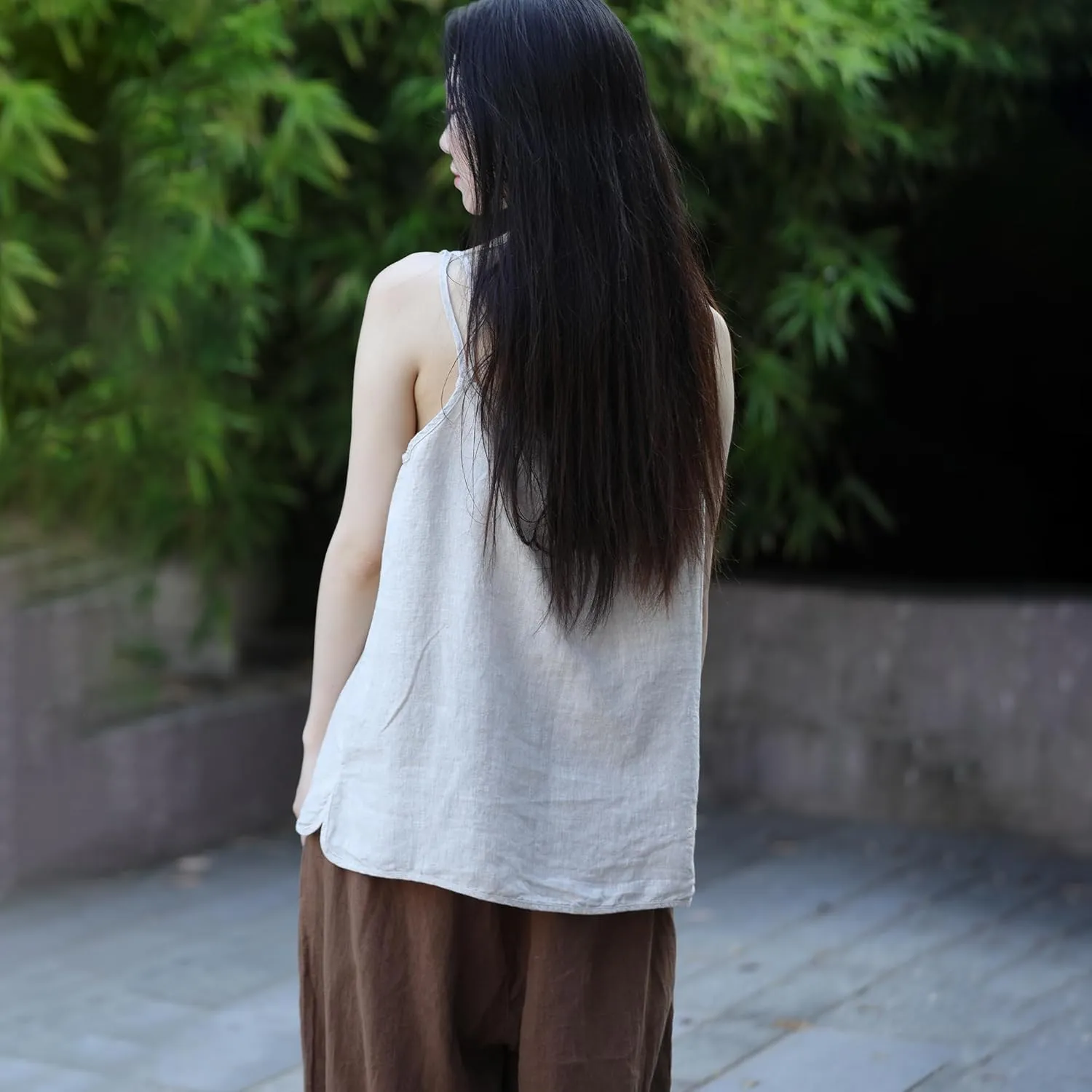 100% Linen Tank Top for Women - Adjustable Strap Camisole V-Neck Sleeveless Cami Shirt Loose Fit Summer Top