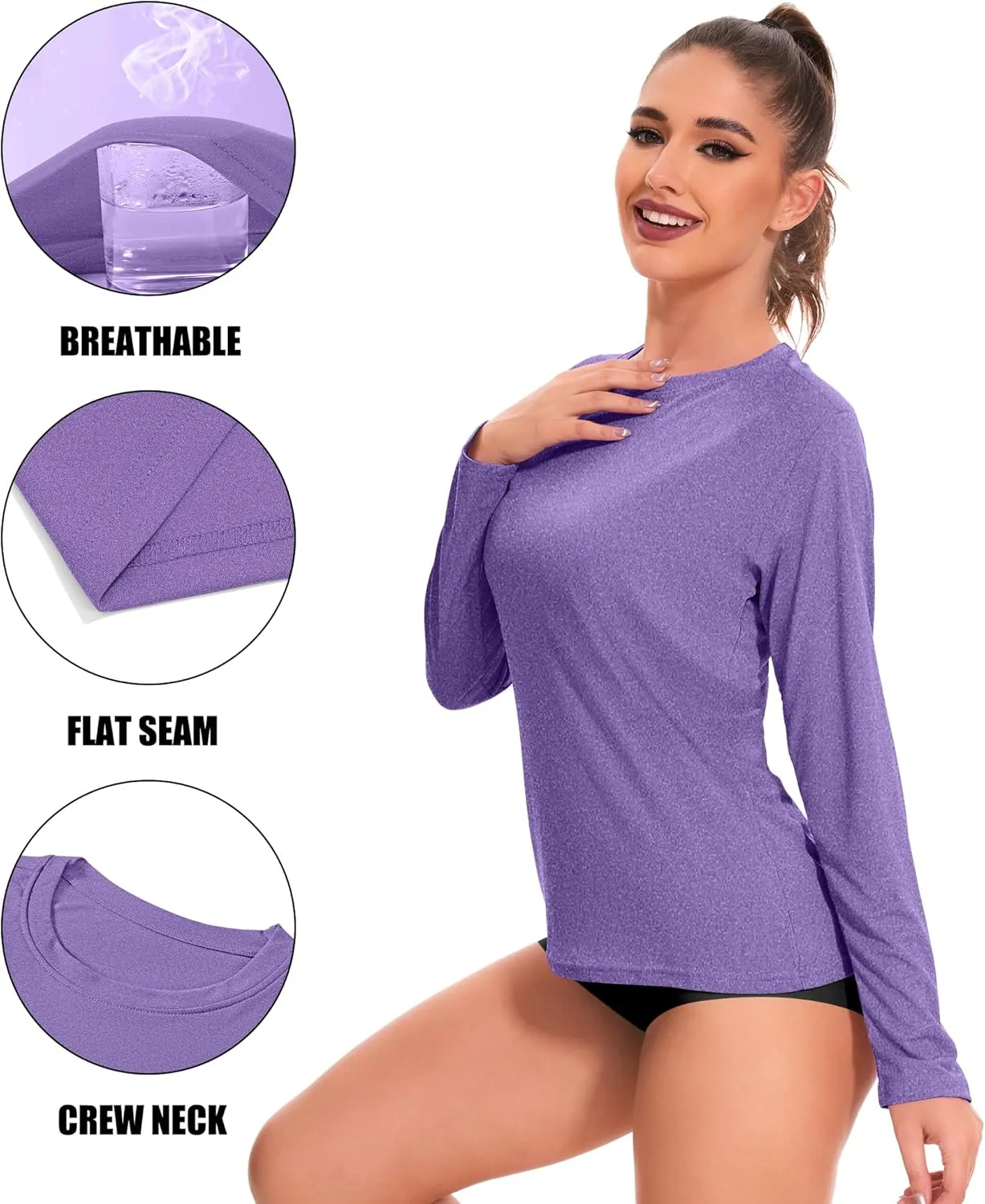 1/6 Pack Women's Quick Dry Fit Long Sleeve Shirts, UPF 50  Rash Guard Swim Fishing SPF UV Sun Protection Shirts