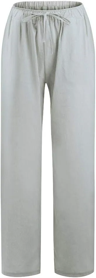 2024 Fashion Cotton Linen Pants Women's Summer Casual Drawstring Wide Leg Palazzo Pants Loose Comfy Trousers Pockets