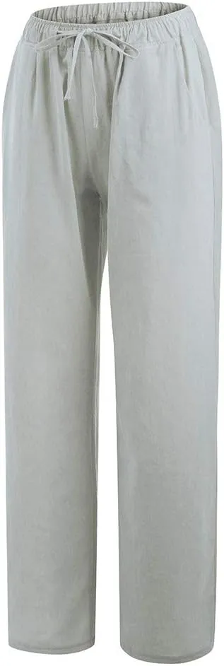 2024 Fashion Cotton Linen Pants Women's Summer Casual Drawstring Wide Leg Palazzo Pants Loose Comfy Trousers Pockets