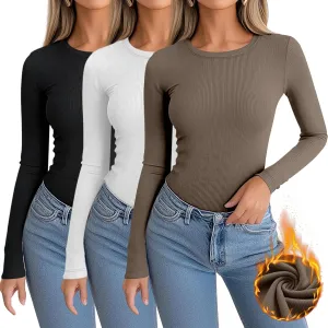 3 Pack Women's Ribbed Long Sleeve Thermal Tops Thin Fleece Lined Crew Neck Shirts Warm Winter Basic Undershirt Tee