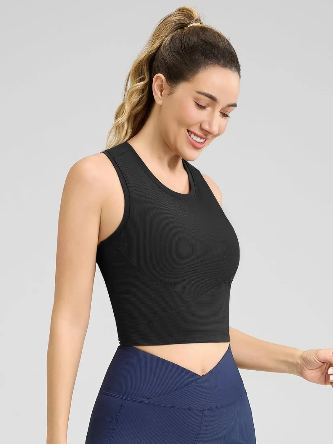 AARYA Women's Ribbed Workout Tank Top Cropped Sports Top, Double Layer, Yoga & Activewear Shirt for Gym, Running, Tennis