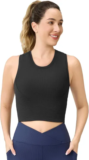 AARYA Women's Ribbed Workout Tank Top Cropped Sports Top, Double Layer, Yoga & Activewear Shirt for Gym, Running, Tennis