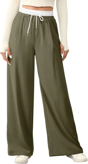 Acelitt Womens Winter Pants 2024 Wide Leg Drawstring Elastic Waist Casual Loose Comfy Trousers with Pockets
