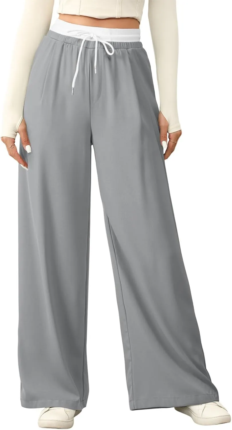 Acelitt Womens Winter Pants 2024 Wide Leg Drawstring Elastic Waist Casual Loose Comfy Trousers with Pockets