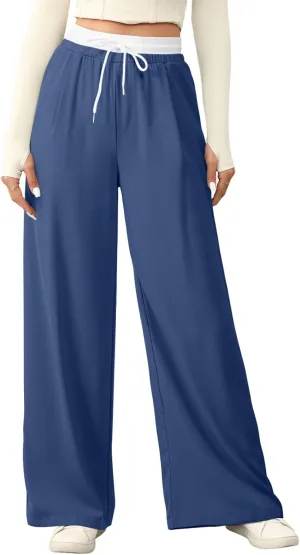 Acelitt Womens Winter Pants 2024 Wide Leg Drawstring Elastic Waist Casual Loose Comfy Trousers with Pockets