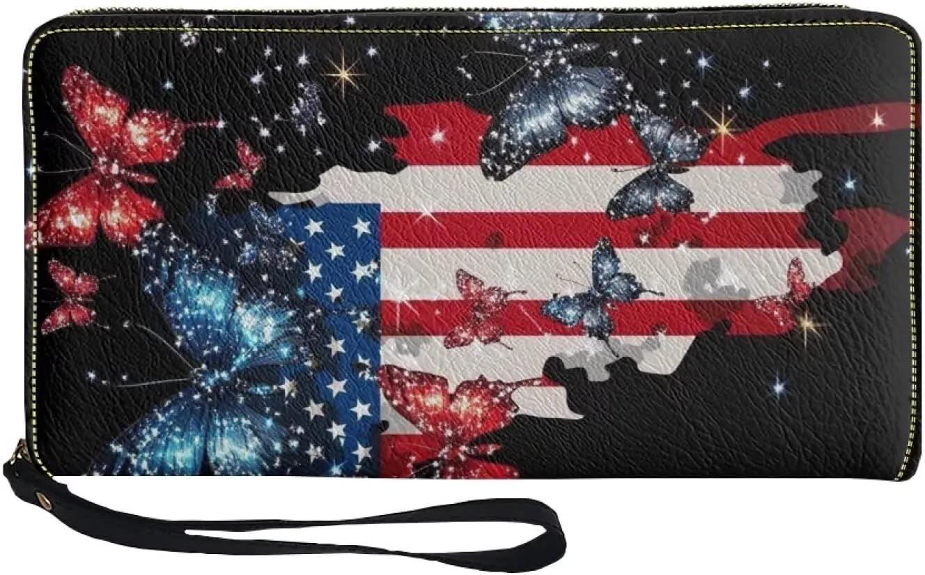 American Flag Butterfly Print Women Wallets Travel Credit Card Holder Clutch Bag Zipper Around Long Purse Wristlet