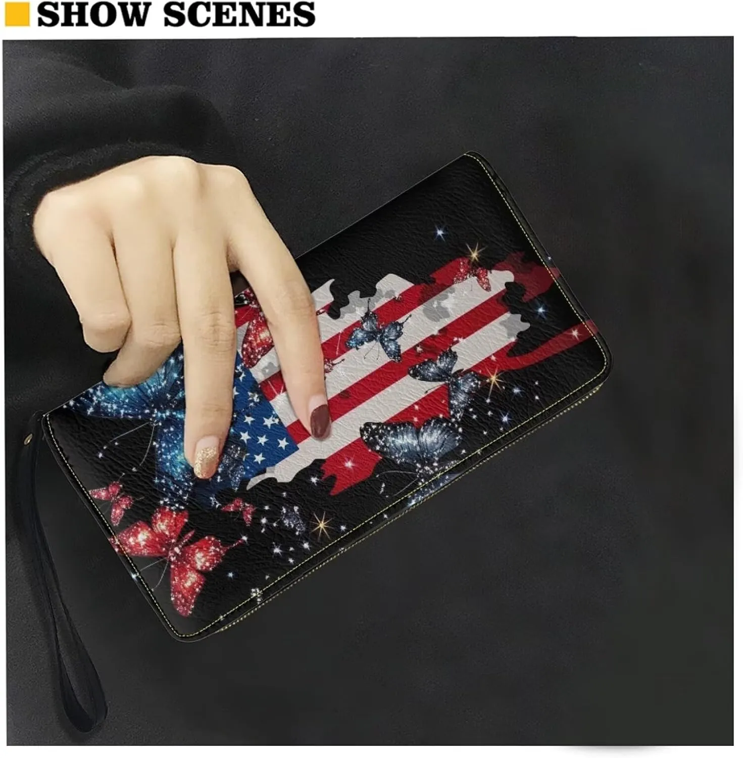 American Flag Butterfly Print Women Wallets Travel Credit Card Holder Clutch Bag Zipper Around Long Purse Wristlet