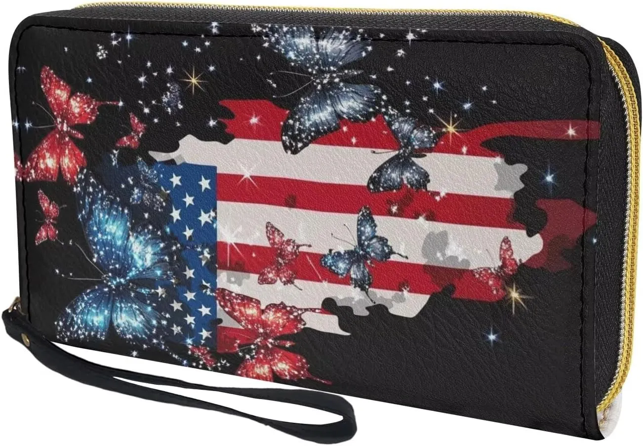 American Flag Butterfly Print Women Wallets Travel Credit Card Holder Clutch Bag Zipper Around Long Purse Wristlet