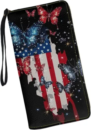 American Flag Butterfly Print Women Wallets Travel Credit Card Holder Clutch Bag Zipper Around Long Purse Wristlet