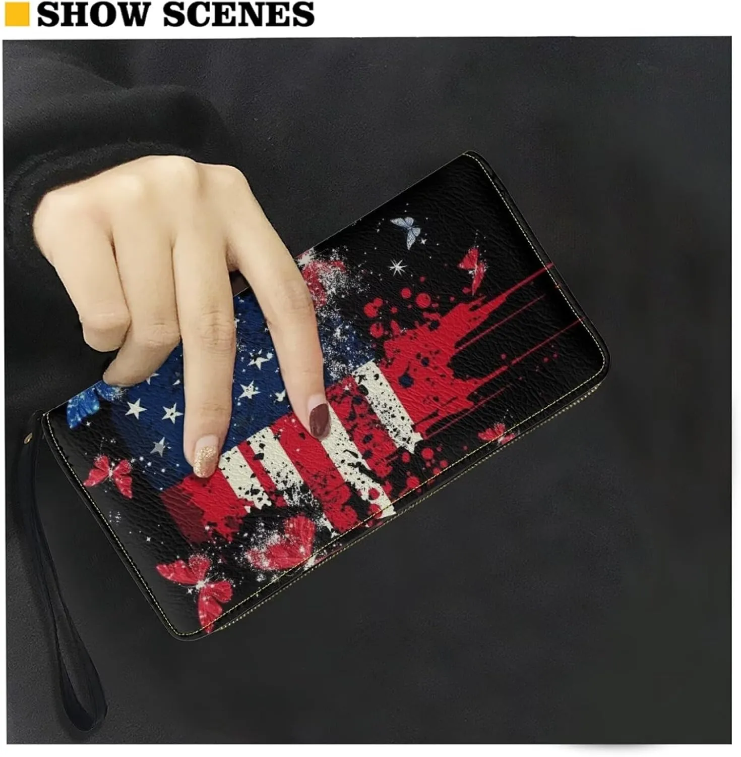 American Flag Butterfly Wristlet Wallets for Womens Leather Credit Card Holder RFID Blocking Large Capacity Purse Clutch