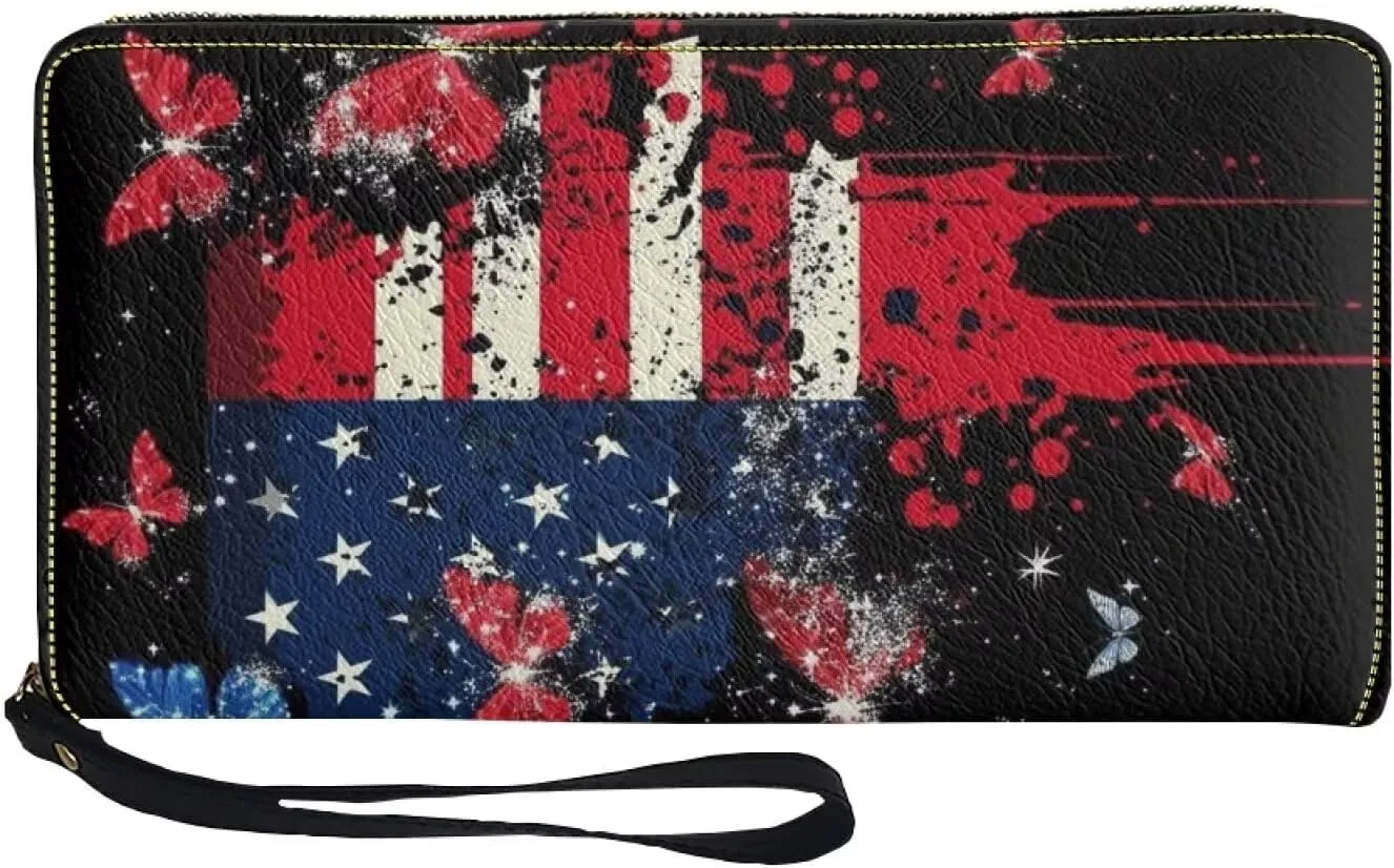 American Flag Butterfly Wristlet Wallets for Womens Leather Credit Card Holder RFID Blocking Large Capacity Purse Clutch