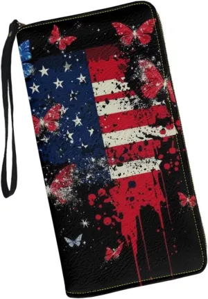 American Flag Butterfly Wristlet Wallets for Womens Leather Credit Card Holder RFID Blocking Large Capacity Purse Clutch