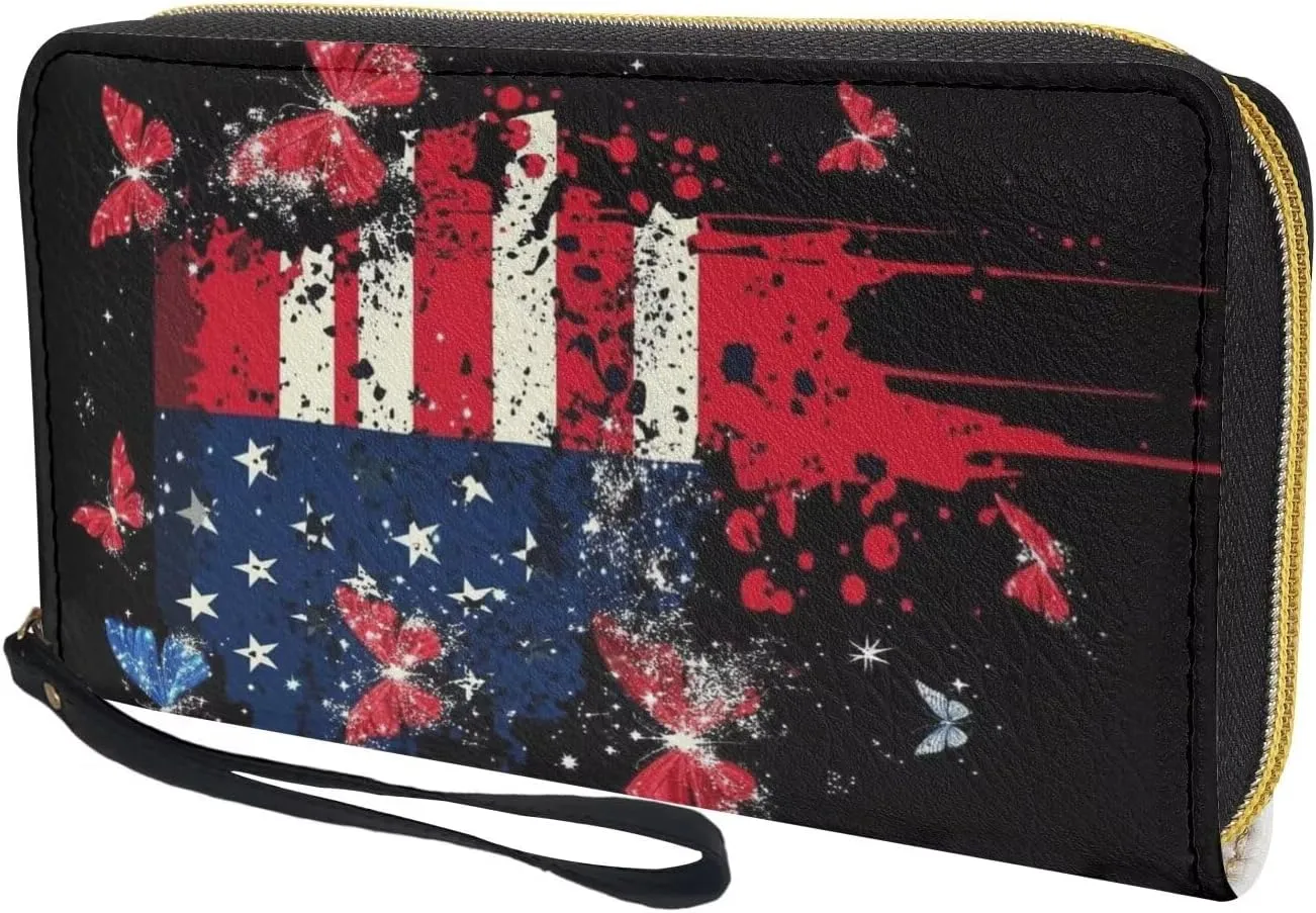 American Flag Butterfly Wristlet Wallets for Womens Leather Credit Card Holder RFID Blocking Large Capacity Purse Clutch