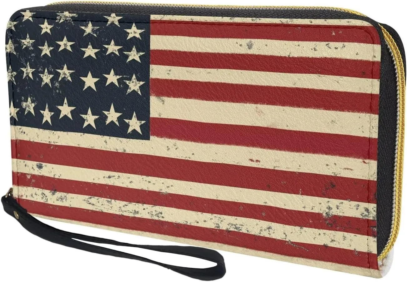American Flag Print Womens Wallet RFID Blocking PU Leather Coin Purse Credit Card Phone Handbag Zipper Clutch Travel Purse Wristlet