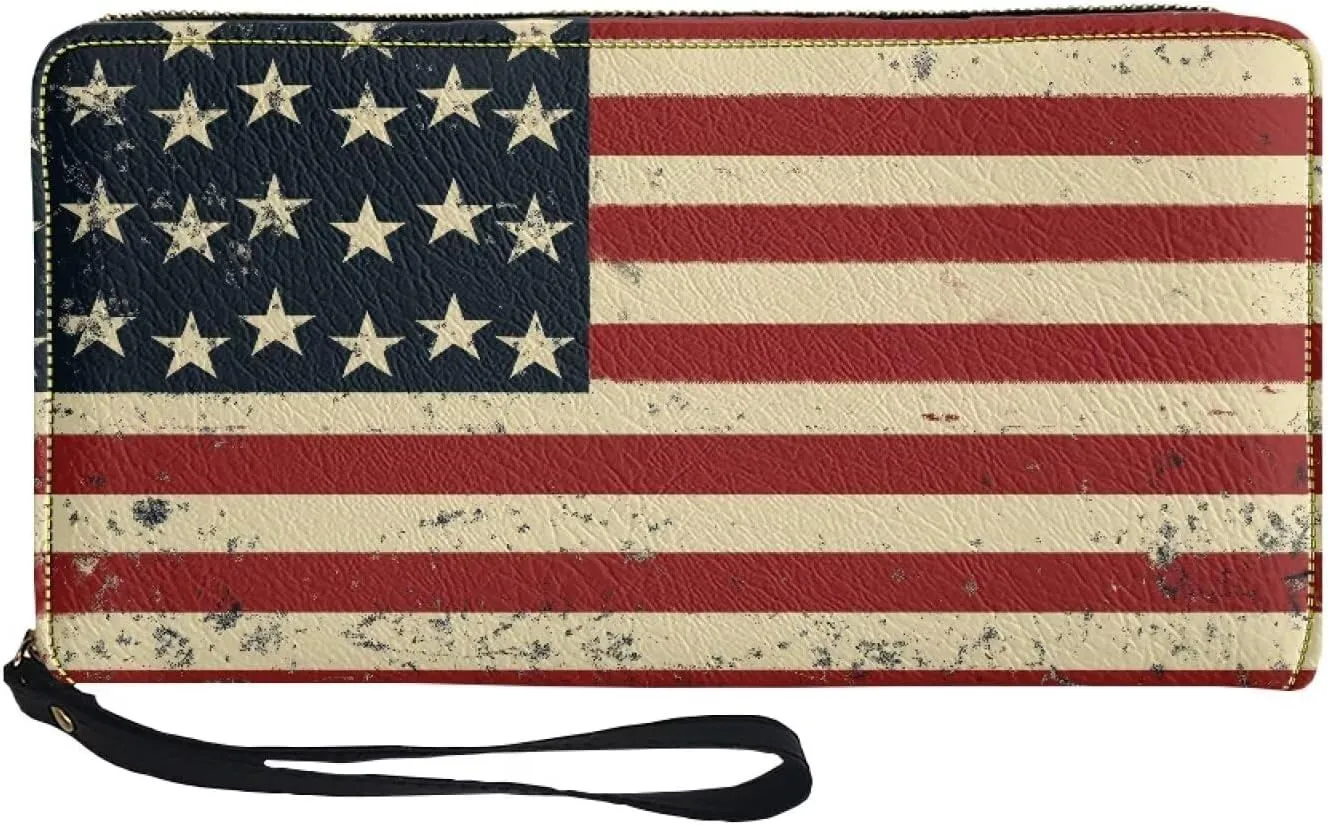 American Flag Print Womens Wallet RFID Blocking PU Leather Coin Purse Credit Card Phone Handbag Zipper Clutch Travel Purse Wristlet