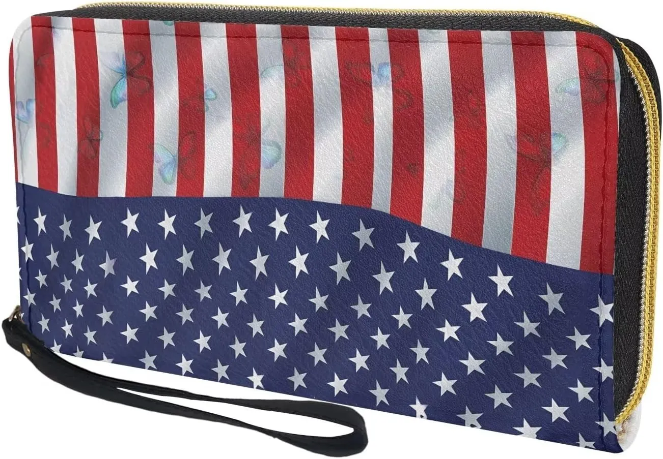 American Flag Print Women's Wristlet Wallet Soft Leather Zip Long Purse RFID Blocking Card Holder Clutch Organizer