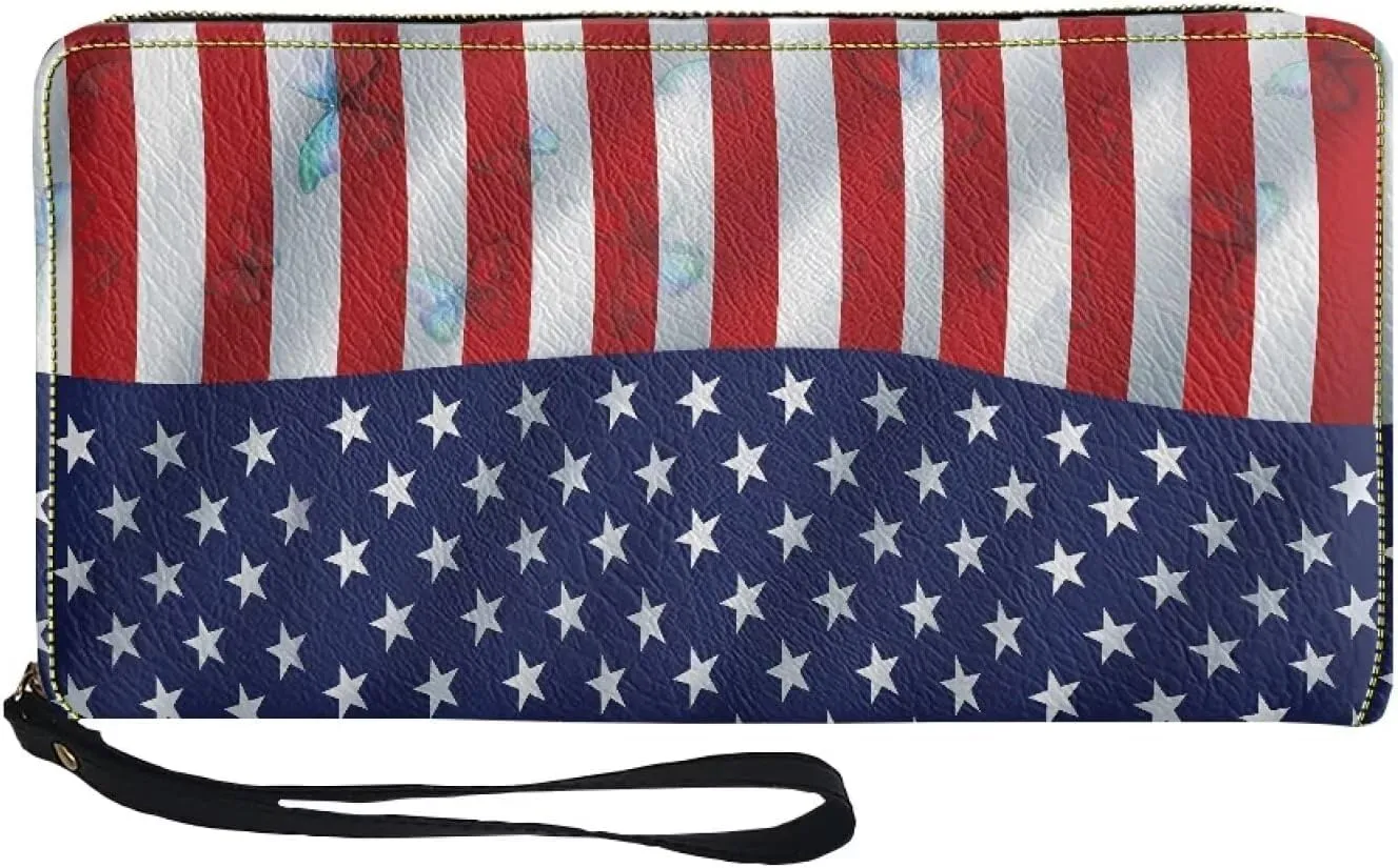 American Flag Print Women's Wristlet Wallet Soft Leather Zip Long Purse RFID Blocking Card Holder Clutch Organizer