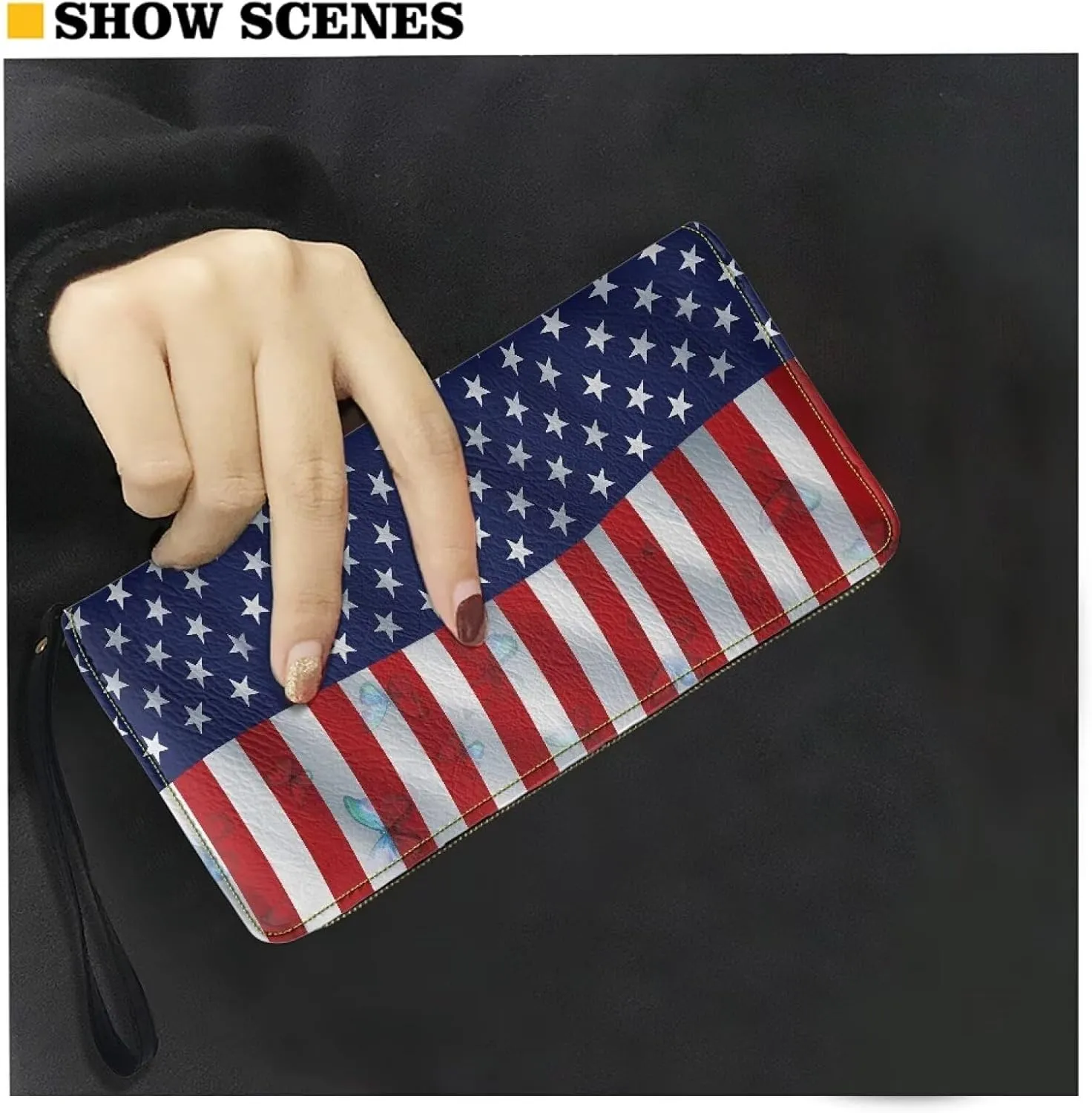 American Flag Print Women's Wristlet Wallet Soft Leather Zip Long Purse RFID Blocking Card Holder Clutch Organizer