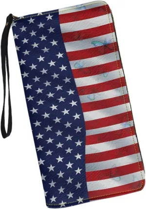 American Flag Print Women's Wristlet Wallet Soft Leather Zip Long Purse RFID Blocking Card Holder Clutch Organizer