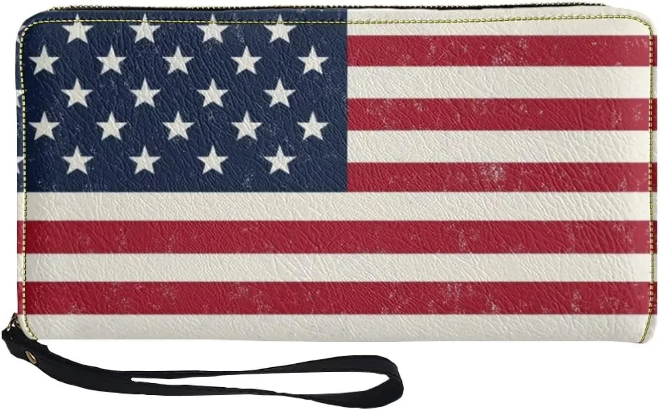 American Flag Womens for Wallet RFID Blocking Large Capacity PU Leather Purse Clutch Wallet Ladies Card holder Wristlet