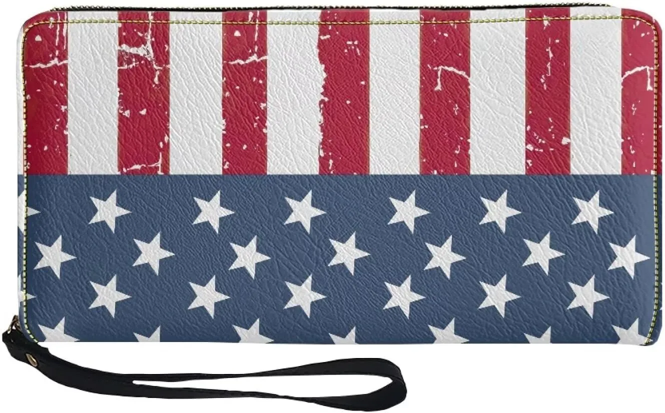 American Flag Wristlet Wallet for Womens Leather RFID Blocking Zip Around Card Holder Organizer Travel Clutch Bags