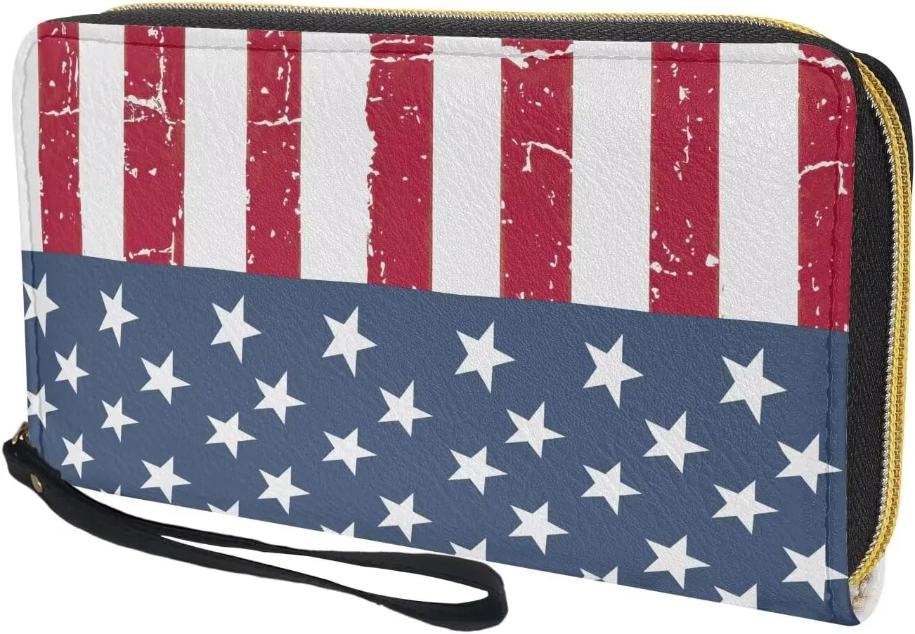 American Flag Wristlet Wallet for Womens Leather RFID Blocking Zip Around Card Holder Organizer Travel Clutch Bags