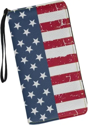 American Flag Wristlet Wallet for Womens Leather RFID Blocking Zip Around Card Holder Organizer Travel Clutch Bags