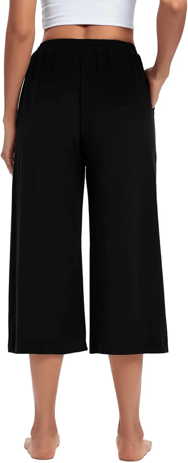ASIMOON Womens Capri Yoga Pants Wide Leg Drawstring Lounge Pants Loose Comfy Workout Capris Sweatpants with Pockets