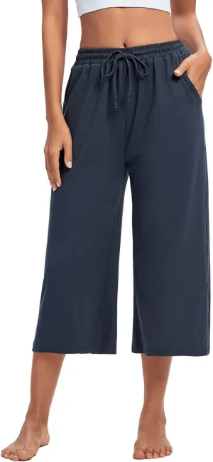 ASIMOON Womens Capri Yoga Pants Wide Leg Drawstring Lounge Pants Loose Comfy Workout Capris Sweatpants with Pockets