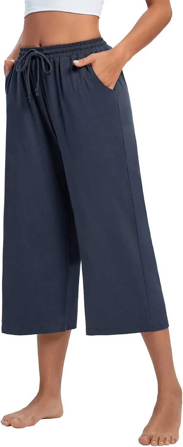 ASIMOON Womens Capri Yoga Pants Wide Leg Drawstring Lounge Pants Loose Comfy Workout Capris Sweatpants with Pockets