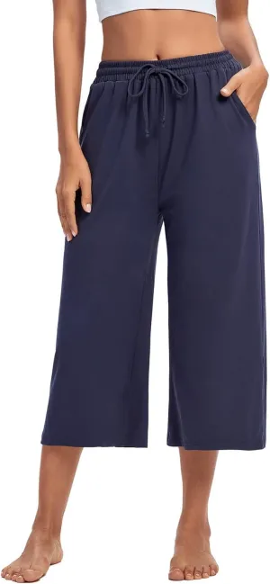 ASIMOON Womens Capri Yoga Pants Wide Leg Drawstring Lounge Pants Loose Comfy Workout Capris Sweatpants with Pockets