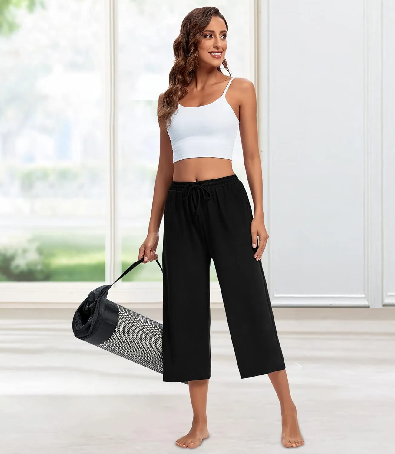 ASIMOON Womens Capri Yoga Pants Wide Leg Drawstring Lounge Pants Loose Comfy Workout Capris Sweatpants with Pockets