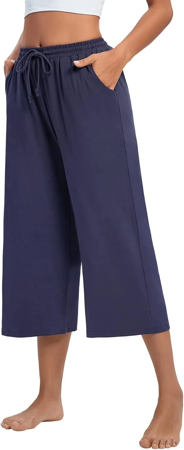 ASIMOON Womens Capri Yoga Pants Wide Leg Drawstring Lounge Pants Loose Comfy Workout Capris Sweatpants with Pockets