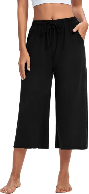 ASIMOON Womens Capri Yoga Pants Wide Leg Drawstring Lounge Pants Loose Comfy Workout Capris Sweatpants with Pockets