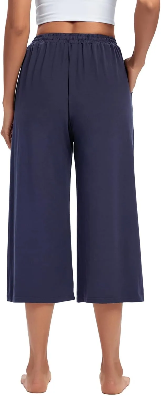 ASIMOON Womens Capri Yoga Pants Wide Leg Drawstring Lounge Pants Loose Comfy Workout Capris Sweatpants with Pockets